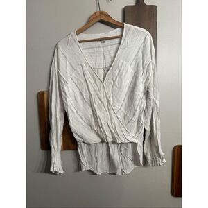 AllSaints White Penny Striped  Hi Lo Balloon Sleeve V-Neck Wrap Blouse Size XS
